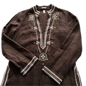Old Navy Ethnic Ornate Embroidered Brown Linen Pullover Tunic Size Medium Boho